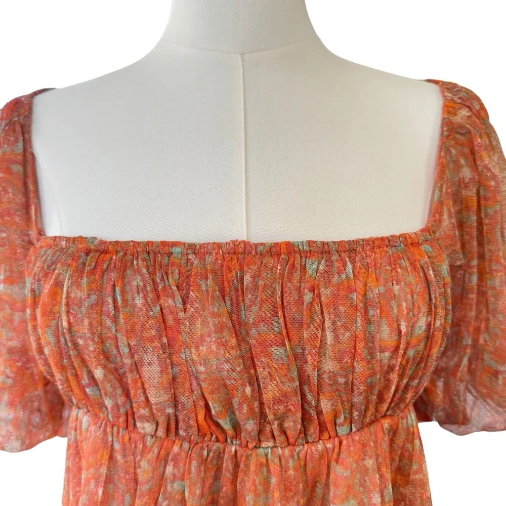 NWT Free People Babydoll Penelope Blouse Women S Peach Floral Short Sleeves Crop